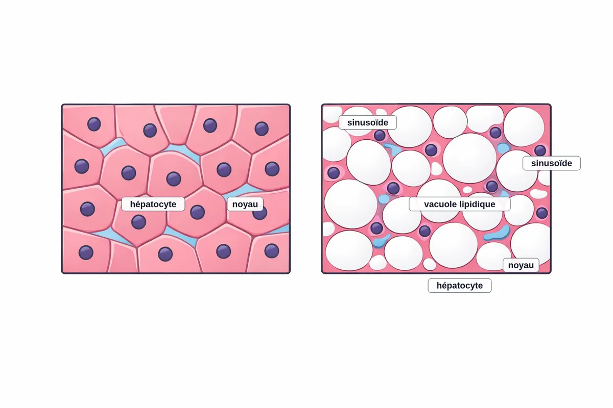 Histology of a healthy liver and hepatic steatosis