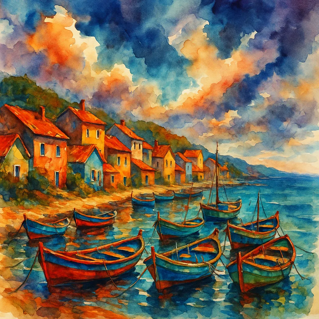 A charming coastal fishing village with colorful wooden boats on the shore, dramatic orange and blue sky, Mediterranean atmosphere