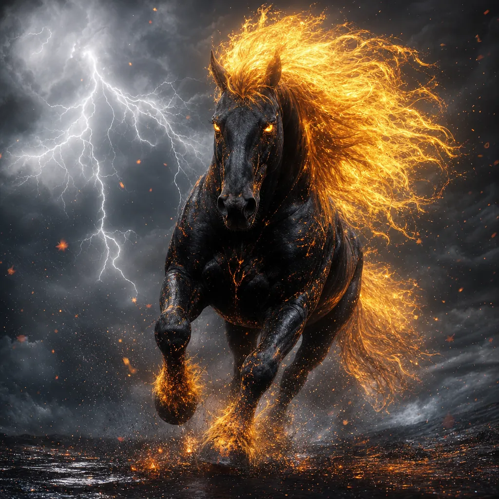 A powerful black horse galloping through a storm with fire and lightning, flaming mane and hooves, dark stormy sky