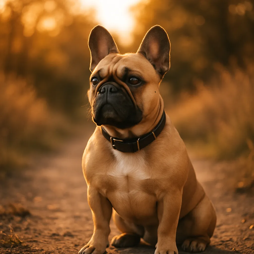 A handsome French bulldog sitting on a dirt path during golden hour sunset, warm orange bokeh background, dog portrait